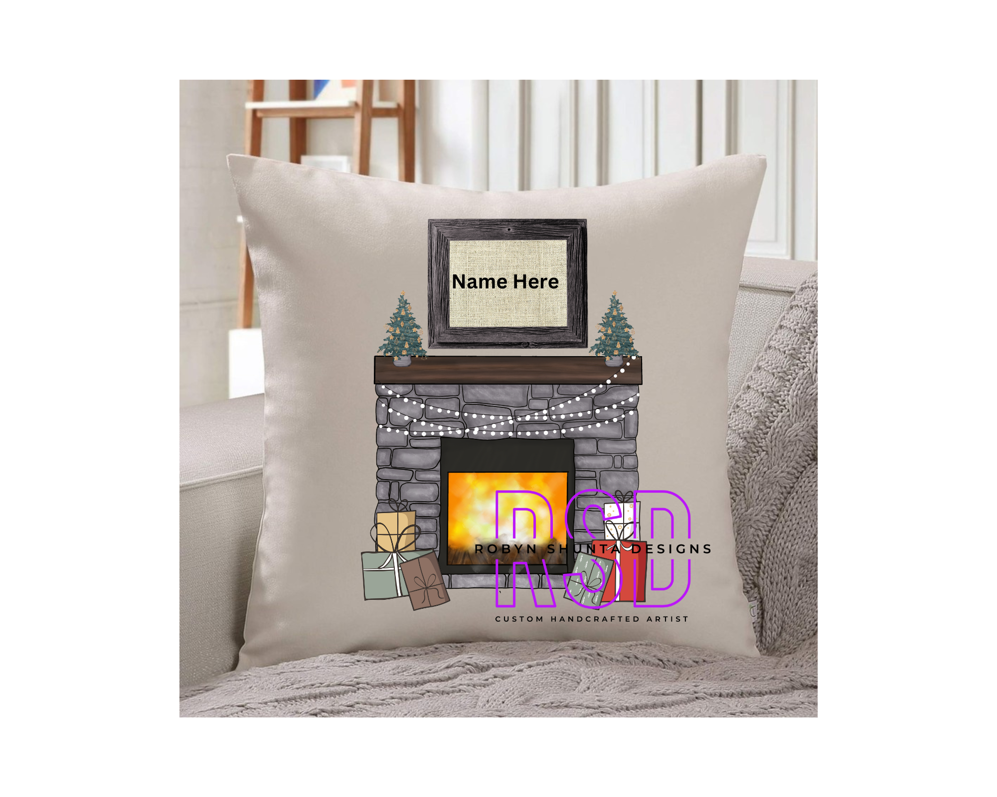 Christmas Fireplace Personalize Pillow